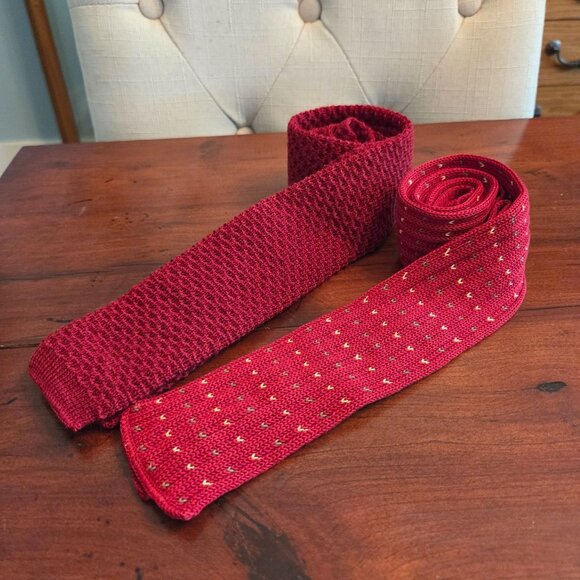 2 Vintage Red Knit Square End Ties by Pendelton and Rooster - Picture 8 of 9